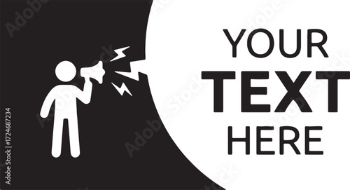announcement, message, communication, text, space, graphic, design, vector, illustration, black and white, person, megaphone, shouting, information, promotion, marketing, advertising, template, copy s