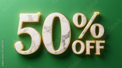 Luxurious 50% off sale announcement with elegant marble texture and glowing edges.