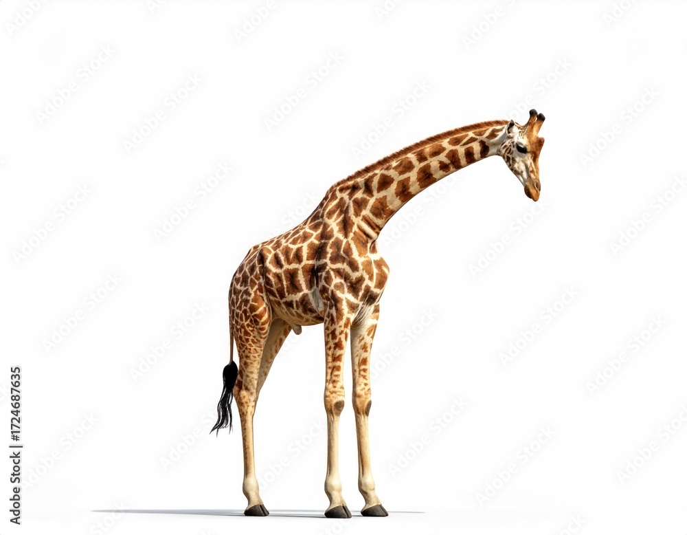 Naklejka premium Tall giraffe standing isolated against a bright background, featuring a long neck and distinctive brown spots on tan