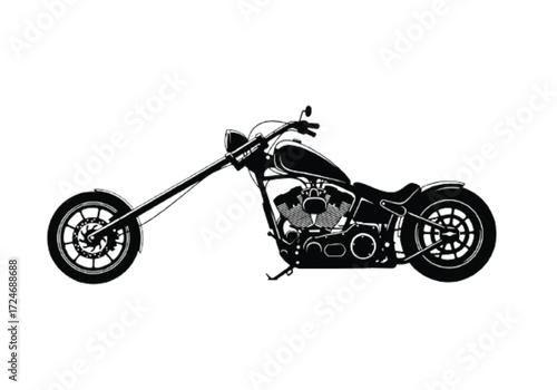 Dynamic vector graphic of a classic custom chopper motorcycle, featuring its powerful engine, extended front fork, and iconic design, representing freedom and the open road adventure spirit