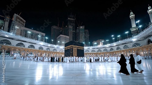 The Kaaba in Mecca is surrounded by pilgrims during a night time prayer