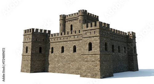 A stone castle with crenellations and arched windows stands on a white background