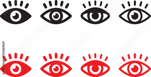 eye, vision, look, see, watch, observe, icon, symbol, graphic, design, simple, flat, isolated, black, red, circle, set, collection, illustration, element, perception, awareness, gaze, ocular, human, e