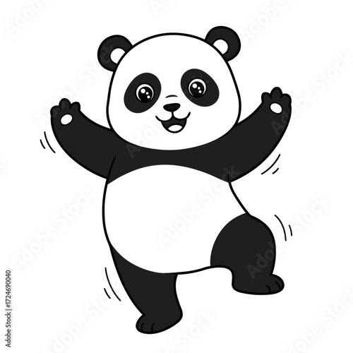 Cute cartoon panda standing on one leg with sparkly eyes and raised arms, looking joyful and playful.