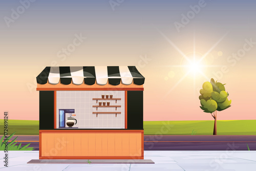 Illustration of a coffee shop with a sign and a drink machine
