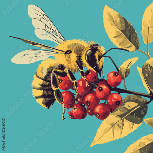 Honeybee feasting on red berries , vector style simple color