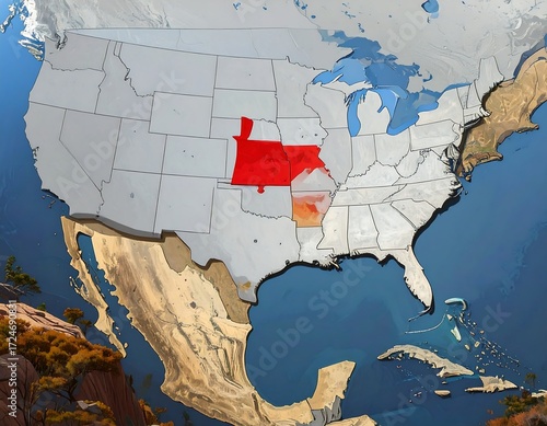 US map highlighting a central region, likely weather or meteorological data