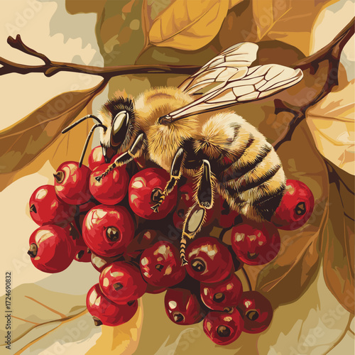 Honeybee feasting on red berries , vector style simple color