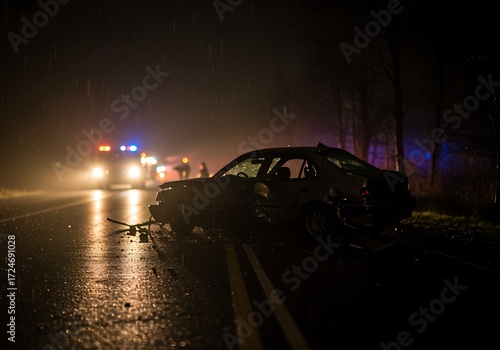 Car accident on a wet road at night dramatic scene with emergency vehicle lights and reflective pavement a somber reminder