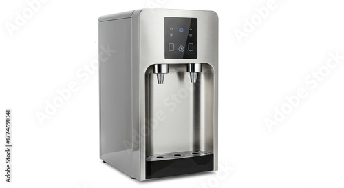 Silver water dispenser with digital controls and dual spouts stands on a white surface