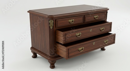 Wallpaper Mural Brown wooden dresser with two drawers open ornate handles and a white background Torontodigital.ca