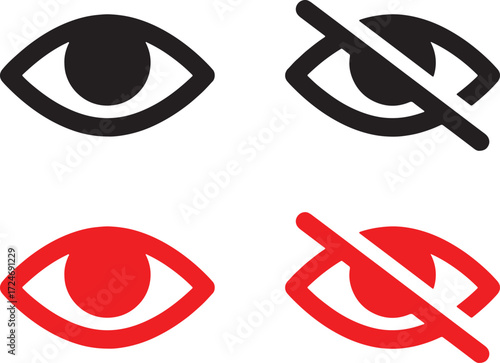 eye, vision, see, look, visible, hidden, invisible, hide, show, disable, enable, privacy, security, symbol, icon, set, collection, graphic, design, element, interface, user, ui, ux, button, black, red