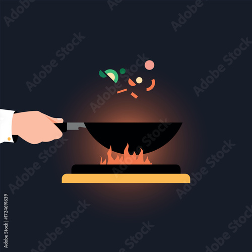 Hand cooking with wok pan on fire with vegetables