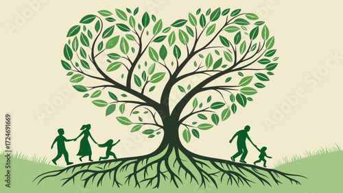 Artistic Vector of Heart Shaped Tree with Roots as People Holding Hands Showing Unity and Love Concept