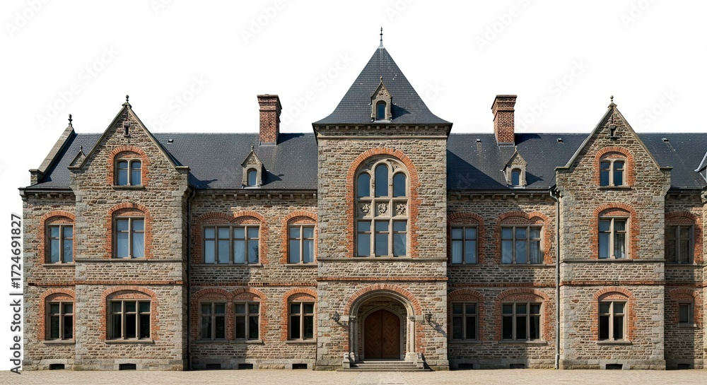 Fototapeta premium Facade of a stone building with arched windows chimneys and a central entrance
