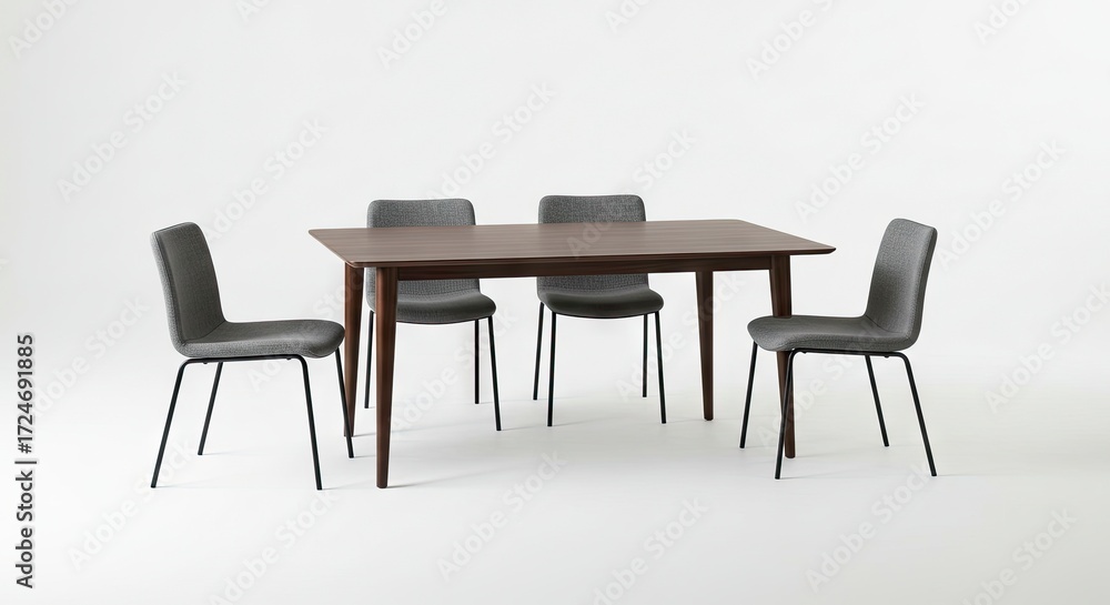 Fototapeta premium Dining set A wood table surrounded by four gray upholstered chairs against a white background