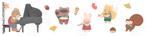楽器を演奏する秋の動物たちのかわいいイラストセット
