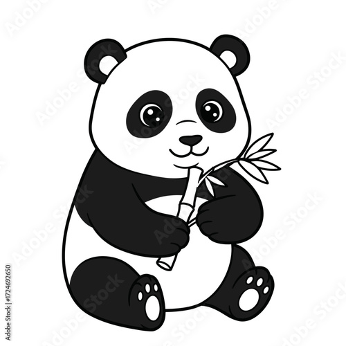 A friendly cartoon panda sits down, holding a leafy bamboo stalk with both paws. Its round eyes and soft features create a warm, approachable vibe—perfect for educational and child-focused designs.