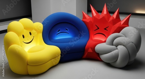 Whimsical Furniture: Smiling, Sad, Angry, and Tied-Up Chairs in a Modern Setting.