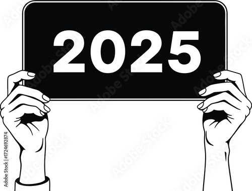 Hands hold a sign displaying the year 2025, symbolizing future planning and new beginnings.