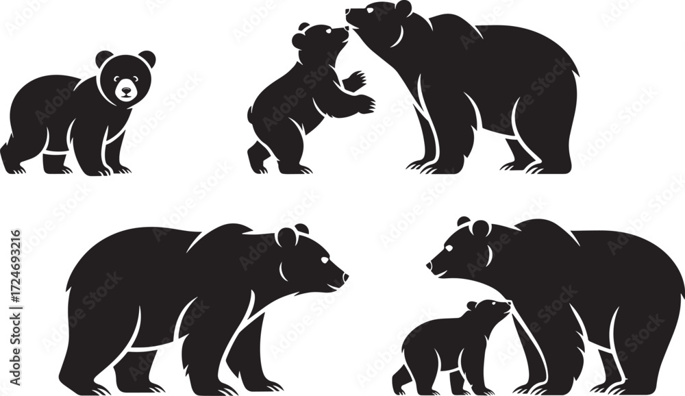 Naklejka premium Baby bear, adult bear, couple bears and bear with cub vector illustration set