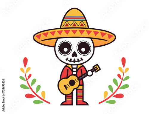 Cute skeleton mariachi with guitar for Day of the Dead celebration