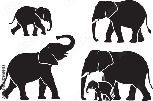 Black elephant silhouettes set. Adult elephants and baby elephants isolated on transparent background