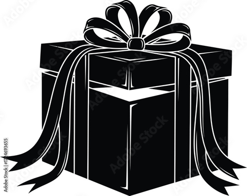 Elegant black gift box with a dramatic ribbon and bow, symbolizing surprise and celebration.