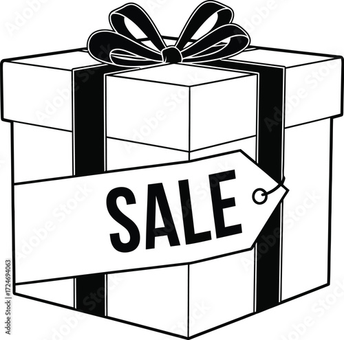 Gift box with a prominent "SALE" tag, symbolizing discounts and special offers