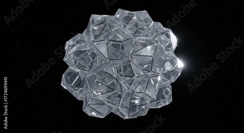 Geometric Crystal Cluster Floating in Starry Void, Illuminated by a Distant Light Source