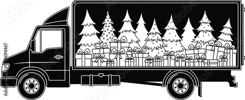 Delivery truck filled with festive Christmas trees and presents ready for holiday cheer