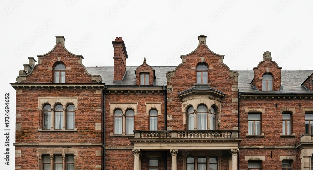 Fototapeta premium Ornate brick building facade with gables arched windows balcony