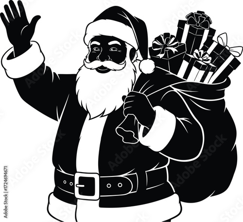 Jolly Santa Claus waving hello with a sack full of festive gifts