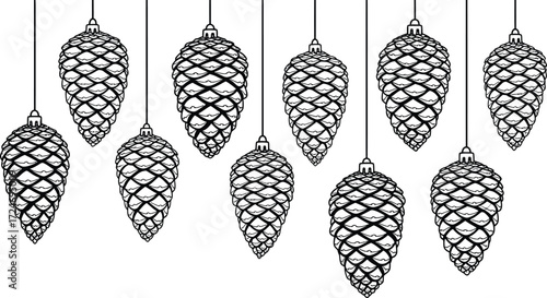 Festive pine cone ornaments hang in a decorative line against a white background