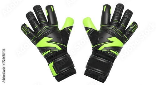 Pair of goalkeeper gloves black with neon green accents palms facing up on a white background