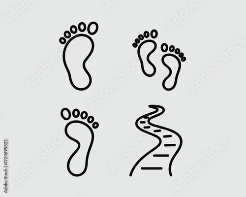Black line icons depicting footprints and a winding path line art