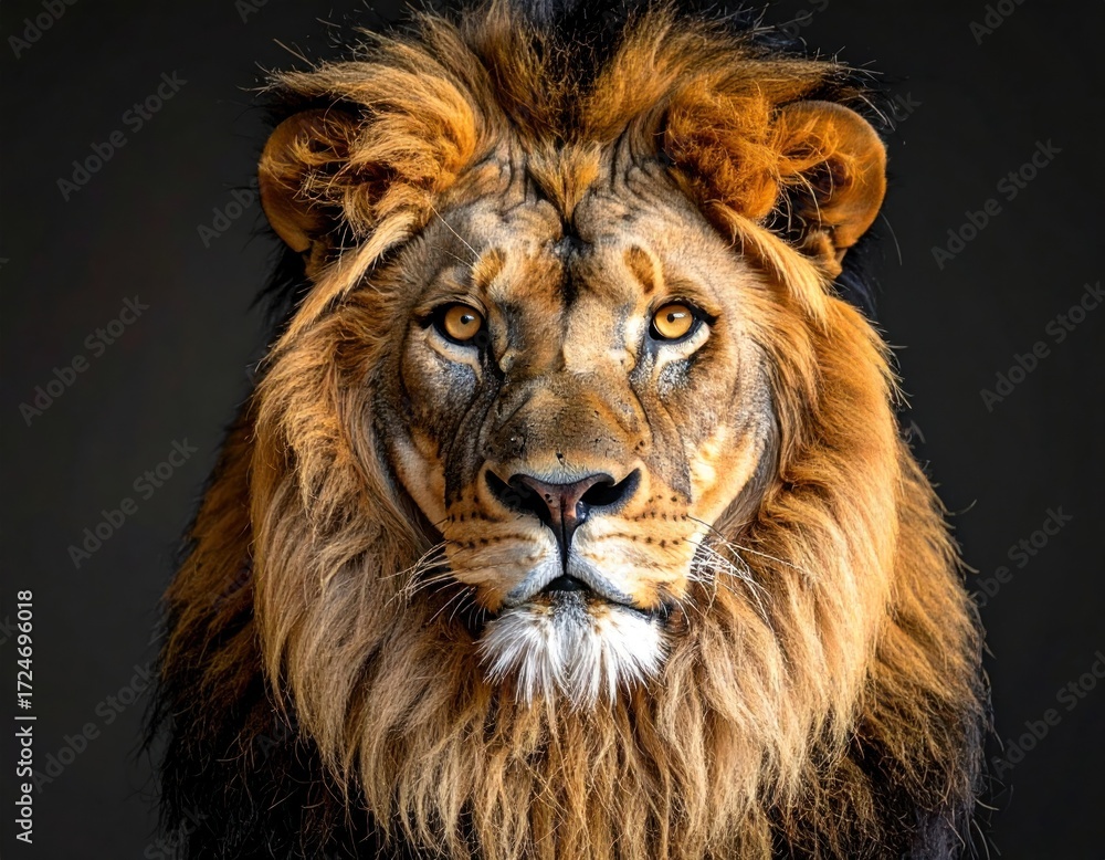 Naklejka premium A majestic lion portrait with a full, golden mane against a dark background, showcasing the animal's piercing eyes and powerful gaze