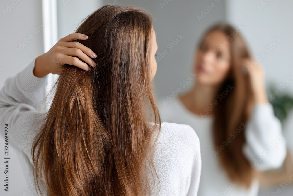 Fototapeta premium A woman with long brown hair is looking at her reflection in a mirror