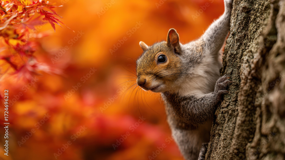 Obraz premium Squirrel climbing tree in autumn with vibrant orange leaves creating a warm, colorful background highlighting nature's beauty and wildlife in its natural habitat.