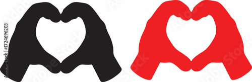 heart, hands, love, shape, symbol, gesture, romance, connection, two, black, red, white background, isolated, graphic, design, element, icon, communication, emotion, feeling, friendship, partnership, 
