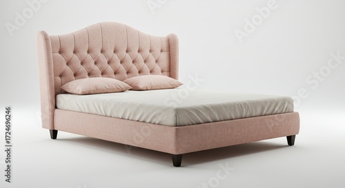 Tufted headboard bed with pink fabric beige sheet  two pillows on a white background