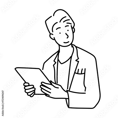 白衣を着た男性がタブレットを持ち診察や説明を行う様子をモノクロの線画で表現したイラスト｜医療現場や教育資料、ヘルスケア関連のデザインに使いやすいベクター素材