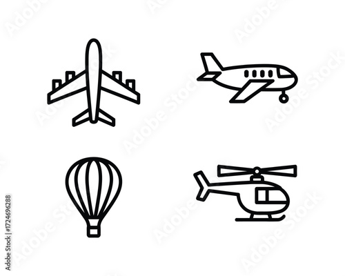 Black line icons of aircraft and hot air balloon airplane helicopter