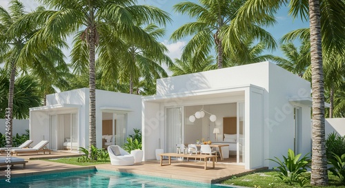Two modern white bungalows are seen by a pool set amid numerous palm trees under a bright sky