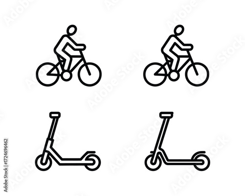 Black line icons of people riding bicycles and scooters line art black and white