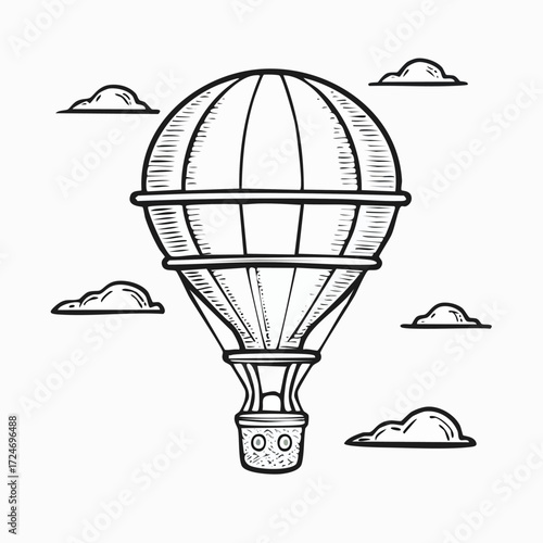 Illustration of a hot air balloon floating in the sky with clouds.
