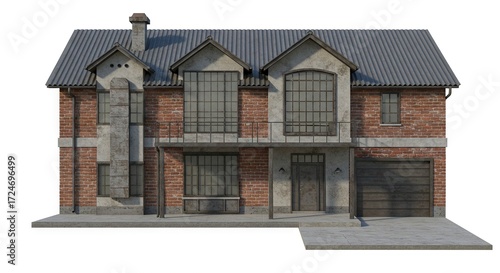 Twostory brick house with a gray roof concrete accents and a front balcony