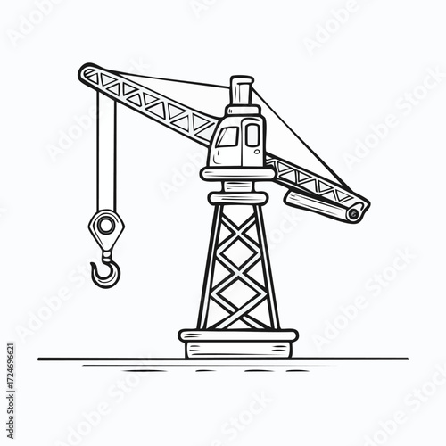 Illustration of a construction crane with hook and boom.