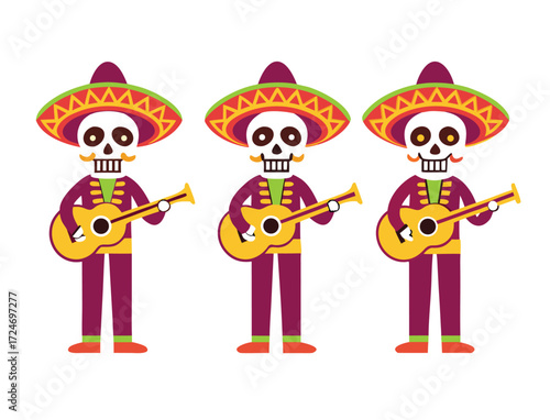 Day of the Dead Skeletons Mariachi Band Playing Guitars Illustration