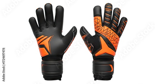 Two black  orange goalie gloves palms up display textured backs  wrist support